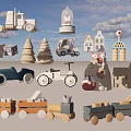 Cute Wooden Doll With Surrounding Wooden Toys Building Blocks And Toy Vehicles