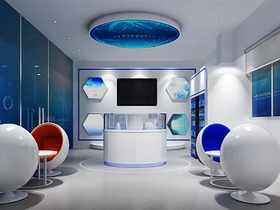 Modern Reception Interior With Blue Circular Ceiling White Desk Spherical Seats And Colorful Chairs 3d model