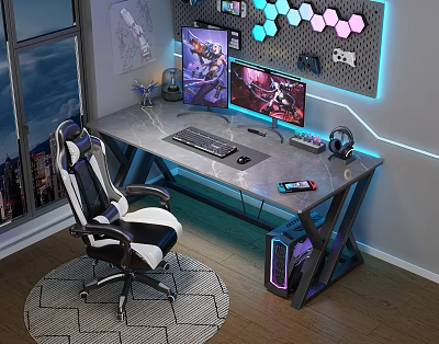 Gaming Desk Setup With Dual Monitors RGB Lighting And Ergonomic Gaming Chair 3d model