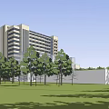 Modern Multi Story Building Exterior With Front Square Greenery And Trees