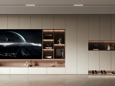 Modern TV Background Cabinet Design With LED Strip Lighting Storage Shelves And Decorative Items 3d model