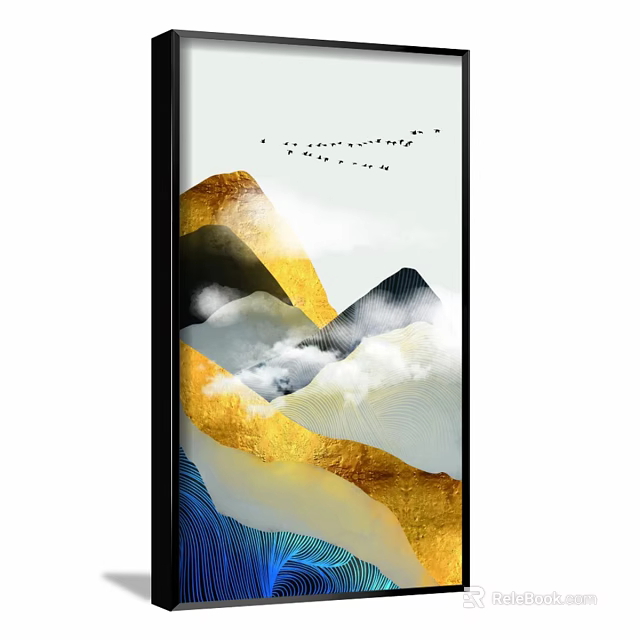 Modern Decorative Painting With Golden Black Blue Mountains Clouds And Flying Birds 3d model 