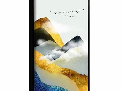 Modern Decorative Painting With Golden Black Blue Mountains Clouds And Flying Birds 3d model