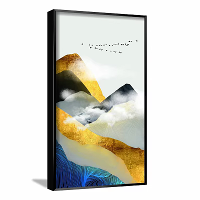 Modern Decorative Painting With Golden Black Blue Mountains Clouds And Flying Birds 3d model