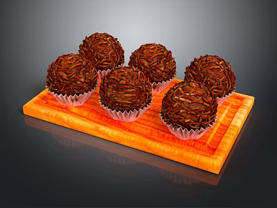 Delicious Chocolate Truffles Arranged On Orange Wooden Board With White Wrappers 3d model