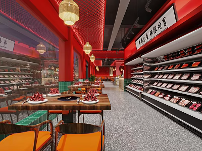 Red-themed Restaurant Featuring Chinese Signage Pendant Lights Meat Shelves and Dining Tables 3d model