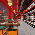 Red-themed Restaurant Featuring Chinese Signage Pendant Lights Meat Shelves and Dining Tables