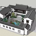 Chinese Style Detached Villa With Traditional Roof Courtyard Water Feature And Green Plants