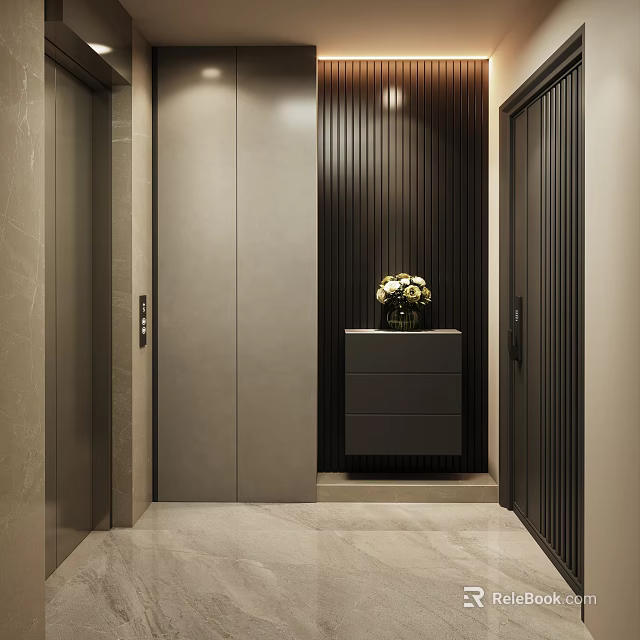 Modern Hallway Interior Design With Vertical Slat Wall Gray Cabinet And Flower Arrangement 3d model 