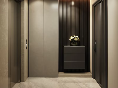 Modern Hallway Interior Design With Vertical Slat Wall Gray Cabinet And Flower Arrangement 3d model