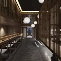 Japanese Restaurant Interior Design With Wooden Partitions Round Pendant Lights And Open Space