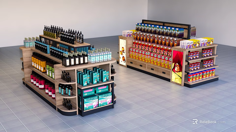 Retail Display Shelves With Various Organized Bottled Drinks And Boxed Products 3d model 