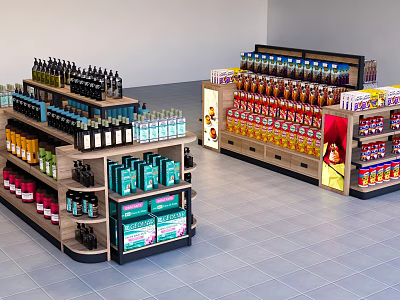 Retail Display Shelves With Various Organized Bottled Drinks And Boxed Products 3d model