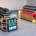 Retail Display Shelves With Various Organized Bottled Drinks And Boxed Products