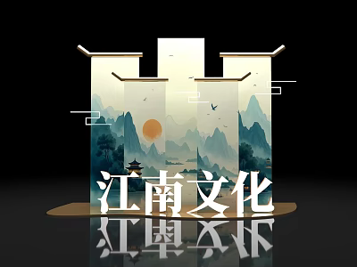 Jiangnan Culture Photo Spot With Scrolls Landscape Sun Birds And Pavilion 3d model