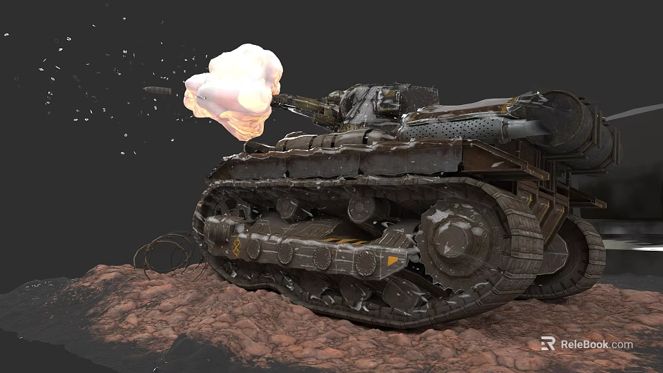 Military Utility Vehicle Tank Firing Shell with Smoke and Tracks on Rocky Ground 3d model 