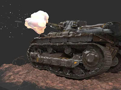 Military Utility Vehicle Tank Firing Shell with Smoke and Tracks on Rocky Ground 3d model