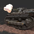 Military Utility Vehicle Tank Firing Shell with Smoke and Tracks on Rocky Ground