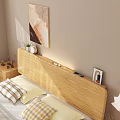 Double Bed with Wooden Headboard Nightstands Abstract Painting and Pendant Light in Modern Minimalist Style