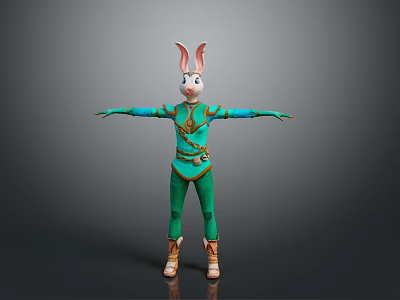 Rabbit Character In Green Blue Outfit With Pink Ears And Open Arms Pose 3d model