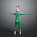 Rabbit Character In Green Blue Outfit With Pink Ears And Open Arms Pose