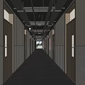 School Corridor Interior Design With Wooden Doors Wall Tiles Gray Floor And Ceiling Lights