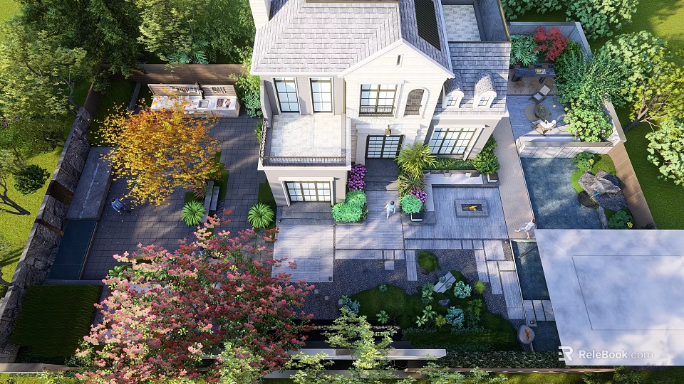 Modern Garden Landscape Around House With Colorful Trees Stone Paths Green Plants And Patio Area 3d model 