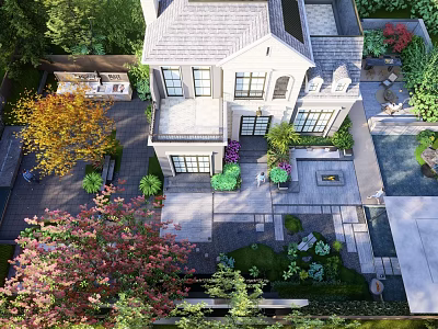 Modern Garden Landscape Around House With Colorful Trees Stone Paths Green Plants And Patio Area 3d model