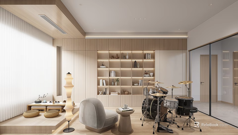 Cozy Entertainment Room With Drums Light Wood Shelves And Chair 3d model 