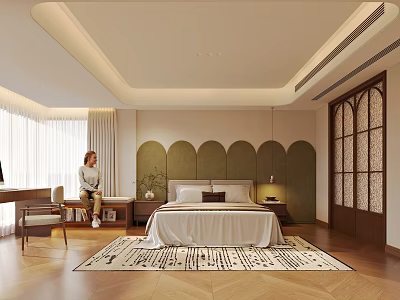 Modern Bedroom Interior Design With Green Arched Accent Wall White Bedding And Patterned Rug 3d model