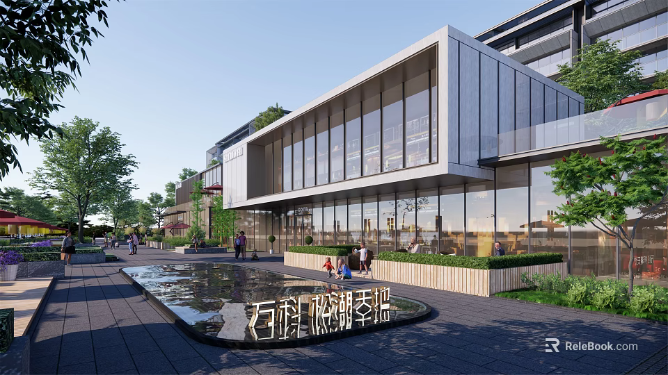 Elegant Modern Commercial Street Featuring Glass Curtain Wall Water Pool and Greenery 3d model 