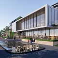 Elegant Modern Commercial Street Featuring Glass Curtain Wall Water Pool and Greenery