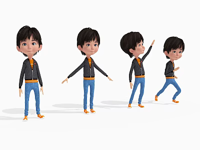 Cartoon Boy In Different Poses With Black Jacket Orange Shirt Blue Jeans And Orange Shoes 3d model