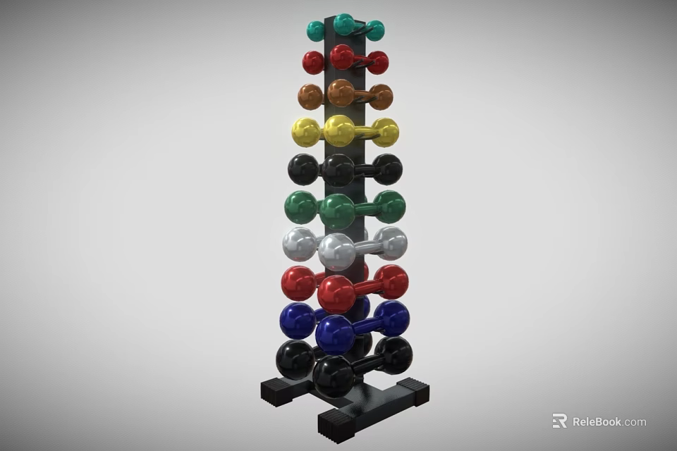 Vertical Dumbbell Rack With Colored Dumbbells And Multiple Weights For Home Gym Fitness Equipment 3d model 