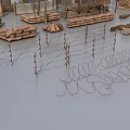 Public Facilities Components Featuring Wooden Benches Metal Railings Street Lamps and Signage
