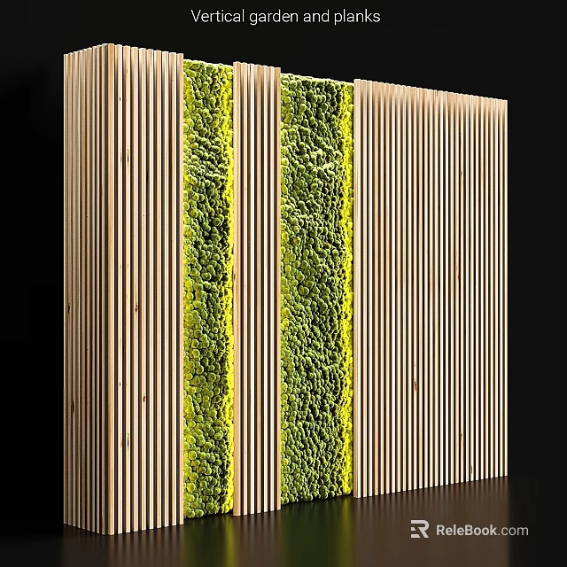 Contemporary Wall Decor Featuring Vertical Wooden Stripes And Green Moss 3d model 