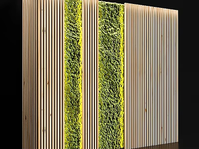 Contemporary Wall Decor Featuring Vertical Wooden Stripes And Green Moss 3d model