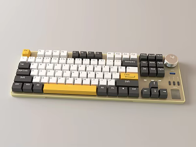 Modern Mechanical Keyboard With White Black Yellow Keycaps Knob And Ergonomic Layout 3d model
