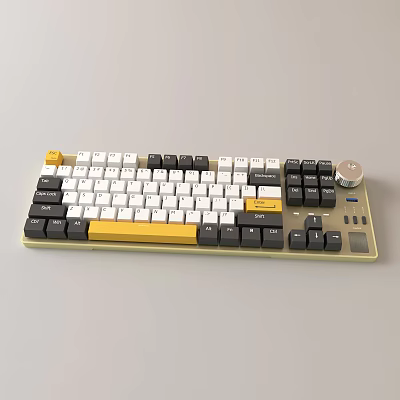 Modern Mechanical Keyboard With White Black Yellow Keycaps Knob And Ergonomic Layout 3d model
