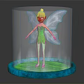 Fairy With Blonde Hair Green Dress And Transparent Wings On Blue Glowing Base