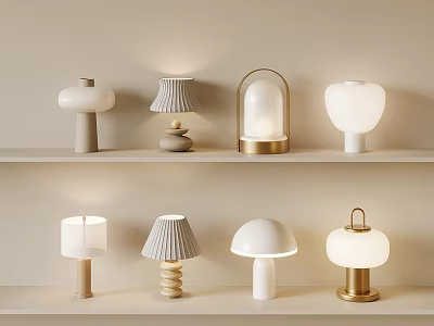 Various Stylish Table Lamps Displayed On Shelves With Different Designs 3d model