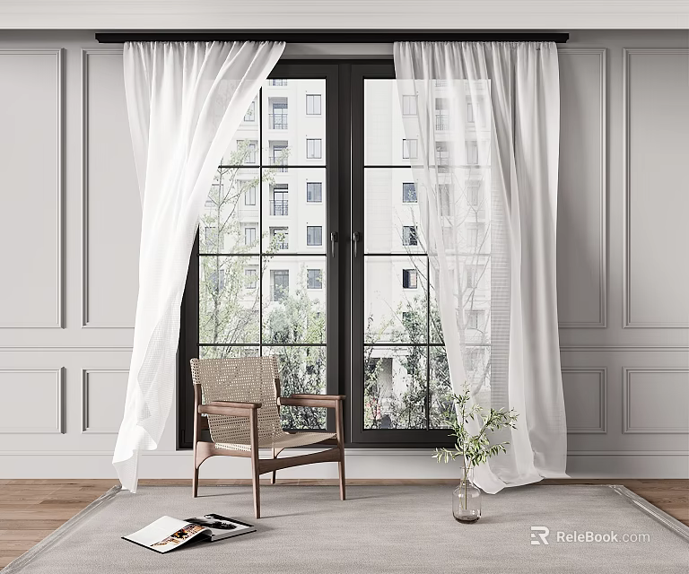 White Light Curtains For Modern Window Interior With Chair And View 3d model 