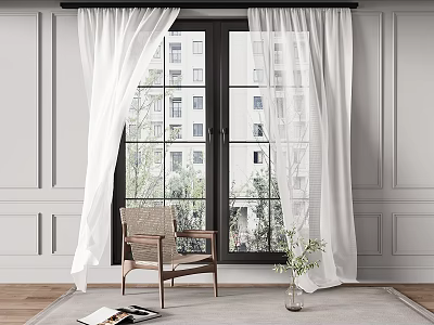 White Light Curtains For Modern Window Interior With Chair And View 3d model
