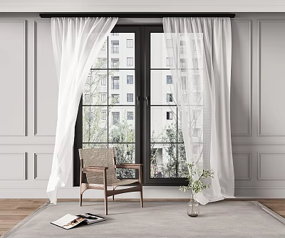 White Light Curtains For Modern Window Interior With Chair And View 3d model
