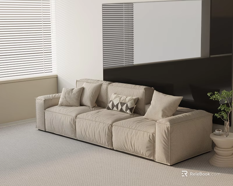 Beige Three Seater Sofa With Cushions And Geometric Patterned Pillow In Modern Minimalist Living Room 3d model 