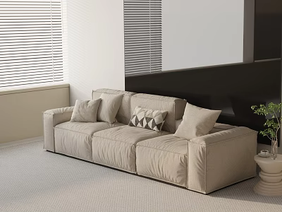 Beige Three Seater Sofa With Cushions And Geometric Patterned Pillow In Modern Minimalist Living Room 3d model