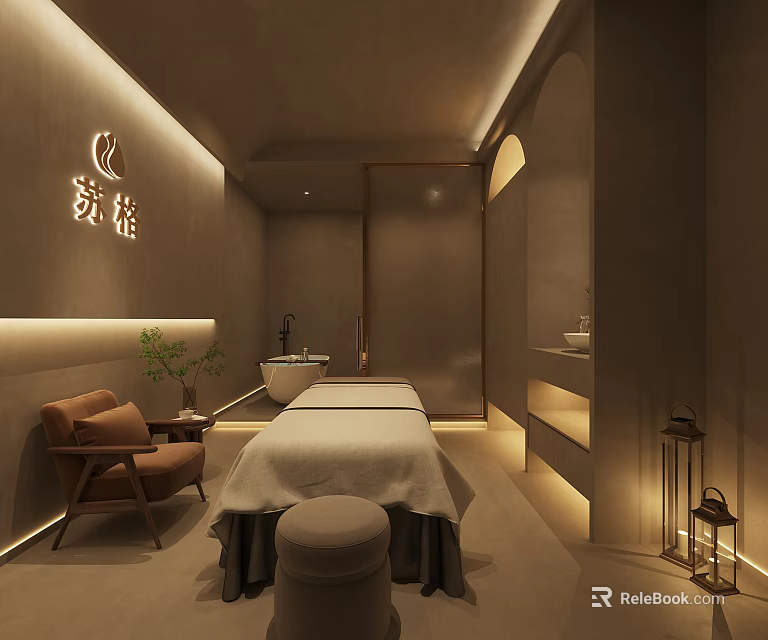SPA Sauna Relaxing Interior With Massage Table Comfortable Seating Soft Lighting And Green Plants 3d model 
