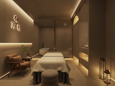 SPA Sauna Relaxing Interior With Massage Table Comfortable Seating Soft Lighting And Green Plants 3d model