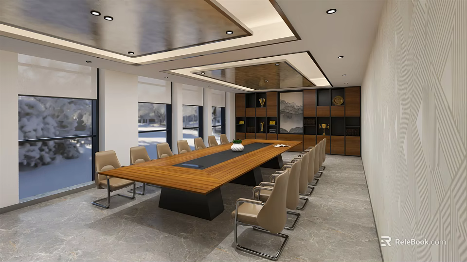 Spacious Modern Conference Room With Wooden Table Beige Chairs And Large Windows 3d model 