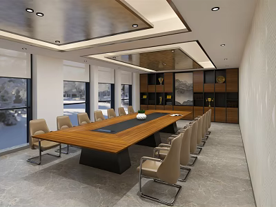 Spacious Modern Conference Room With Wooden Table Beige Chairs And Large Windows 3d model